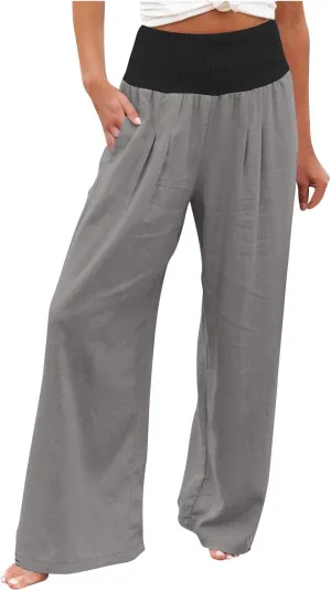 Linen Pants Women Straight Leg Summer Beach Trousers Casual Palazzo with Pockets Drawstring Elastic Waist Pants