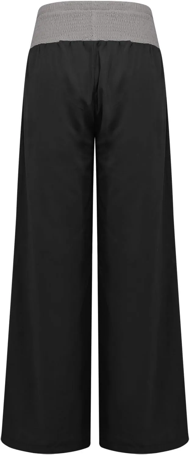 Linen Pants Women Straight Leg Summer Beach Trousers Casual Palazzo with Pockets Drawstring Elastic Waist Pants