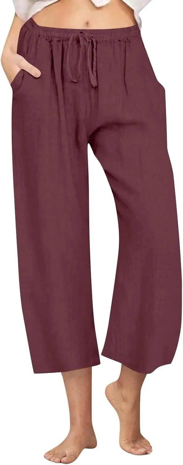 Linen Pants Women Summer Cotton Linen Capris 2025 Wide Leg Boho Pants Drawstring Vacation Beach Cropped Trouser Capris