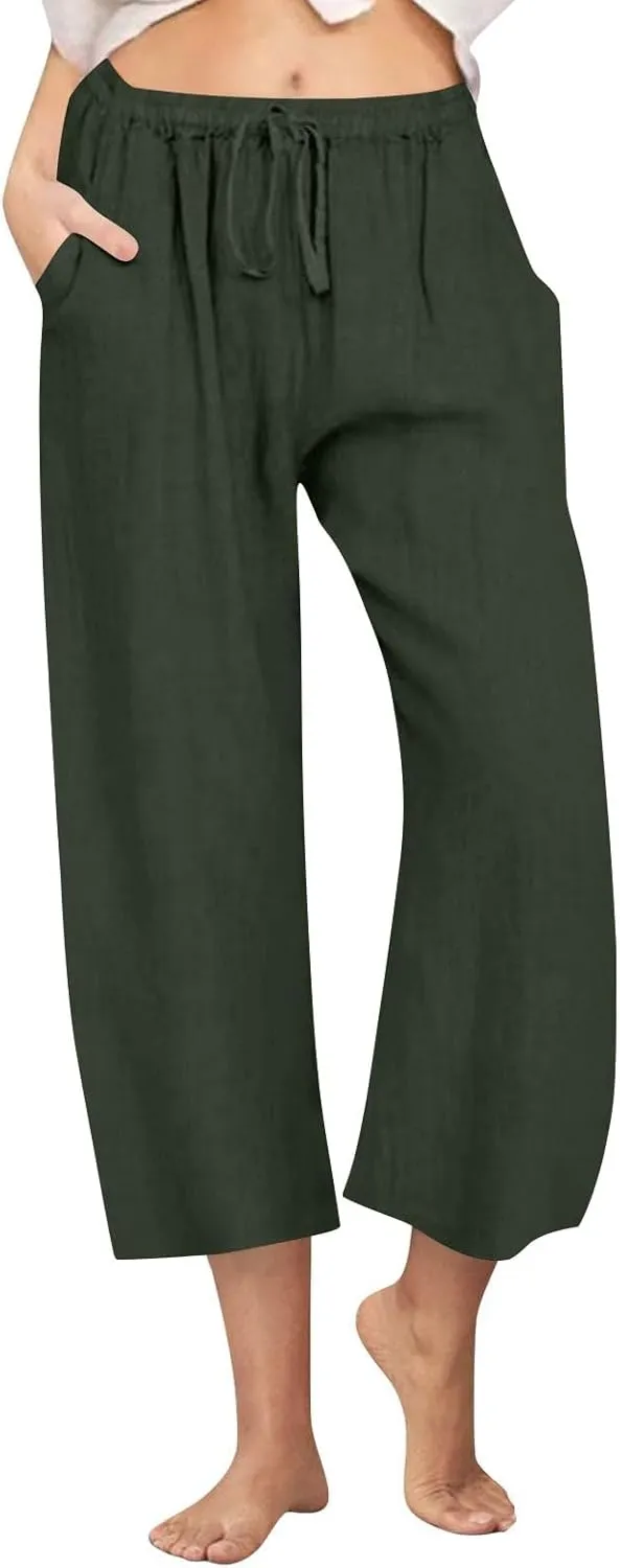 Linen Pants Women Summer Cotton Linen Capris 2025 Wide Leg Boho Pants Drawstring Vacation Beach Cropped Trouser Capris