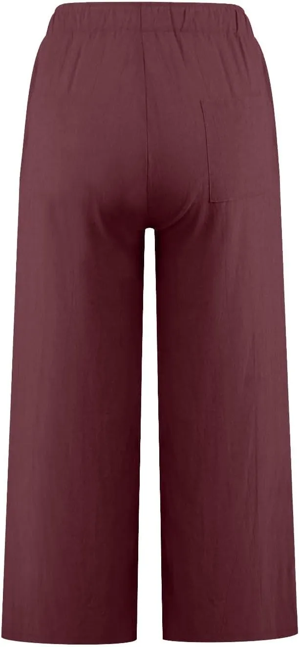 Linen Pants Women Summer Cotton Linen Capris 2025 Wide Leg Boho Pants Drawstring Vacation Beach Cropped Trouser Capris