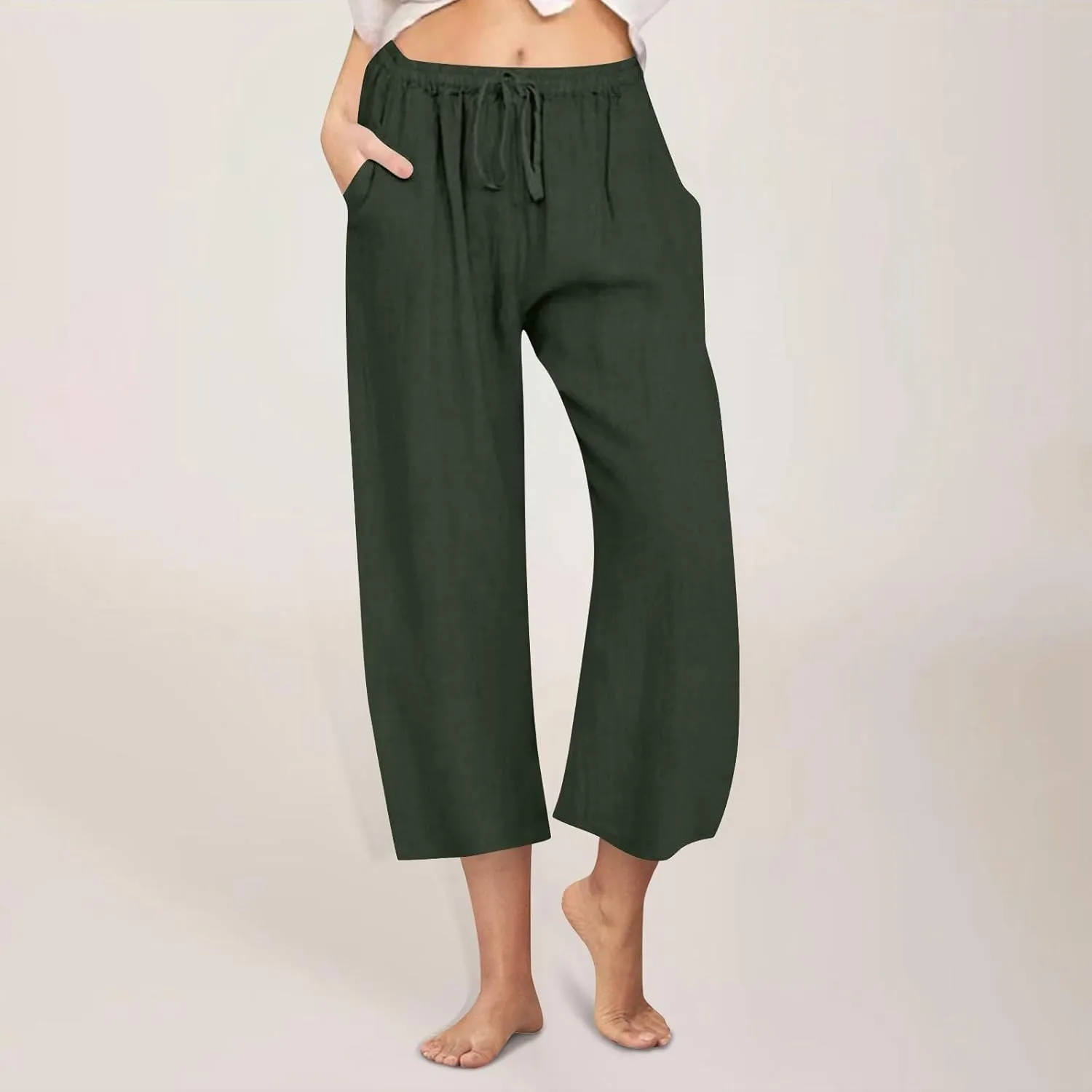 Linen Pants Women Summer Cotton Linen Capris 2025 Wide Leg Boho Pants Drawstring Vacation Beach Cropped Trouser Capris