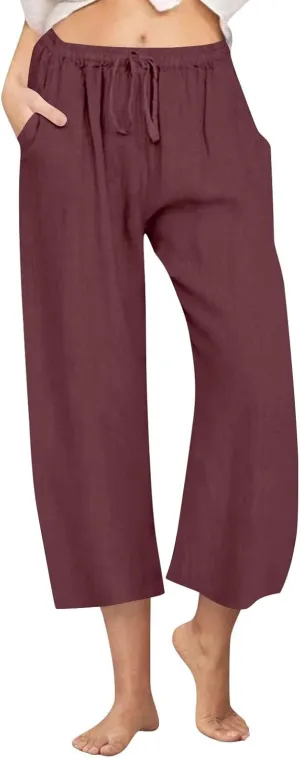 Linen Pants Women Summer Cotton Linen Capris 2025 Wide Leg Boho Pants Drawstring Vacation Beach Cropped Trouser Capris
