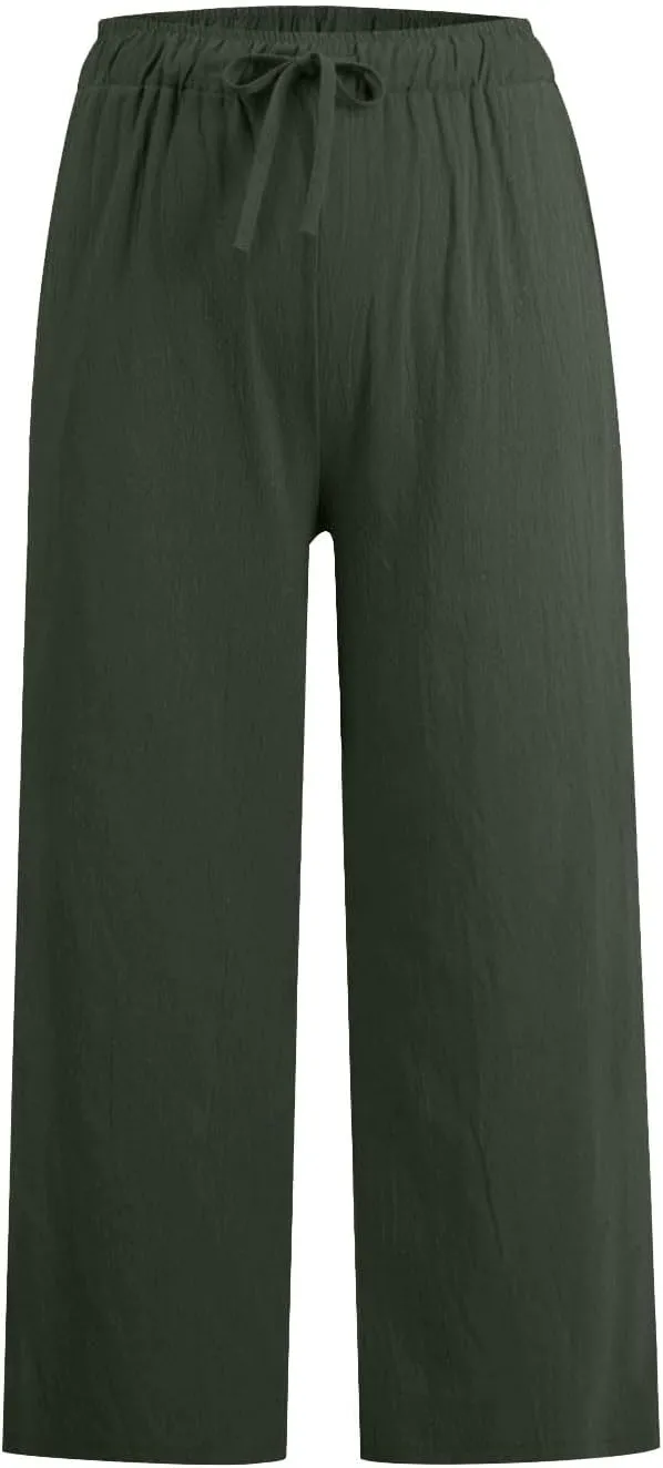 Linen Pants Women Summer Cotton Linen Capris 2025 Wide Leg Boho Pants Drawstring Vacation Beach Cropped Trouser Capris
