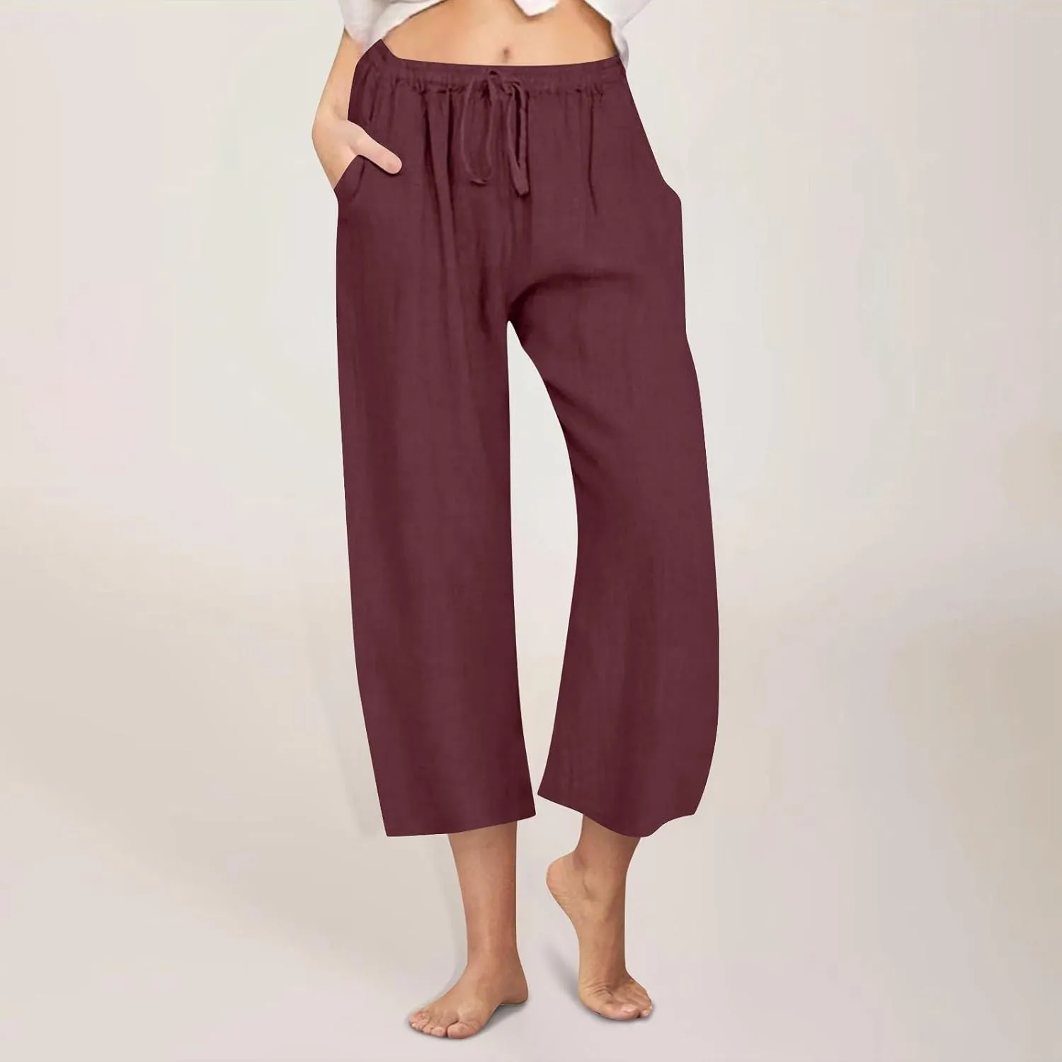 Linen Pants Women Summer Cotton Linen Capris 2025 Wide Leg Boho Pants Drawstring Vacation Beach Cropped Trouser Capris
