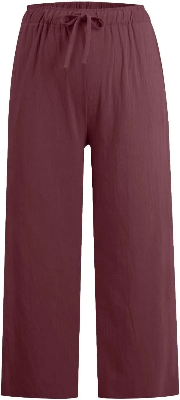 Linen Pants Women Summer Cotton Linen Capris 2025 Wide Leg Boho Pants Drawstring Vacation Beach Cropped Trouser Capris