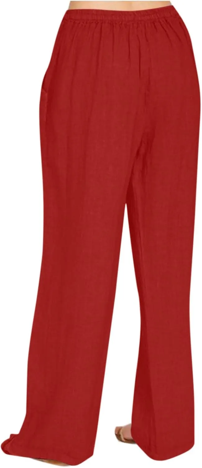 Linen Pants Women Summer Drawstring Waist Wide Leg Loose Cotton Linen Palazzo Pants Vacation Beach Pants with Pockets