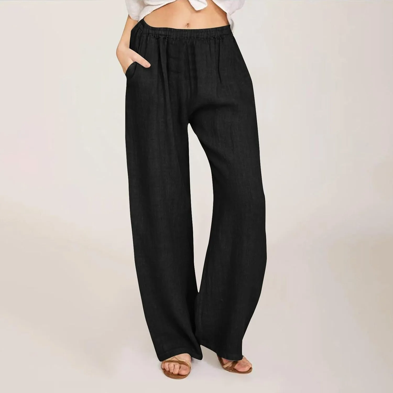 Linen Pants Women Summer Drawstring Waist Wide Leg Loose Cotton Linen Palazzo Pants Vacation Beach Pants with Pockets