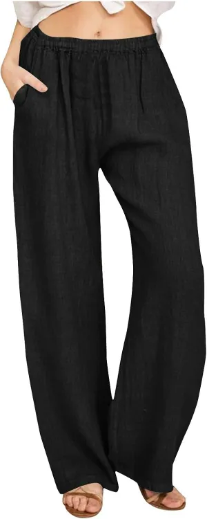 Linen Pants Women Summer Drawstring Waist Wide Leg Loose Cotton Linen Palazzo Pants Vacation Beach Pants with Pockets