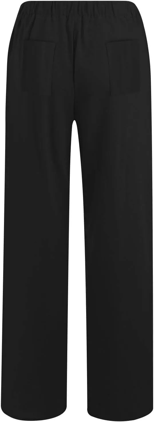 Linen Pants Women Summer Drawstring Waist Wide Leg Loose Cotton Linen Palazzo Pants Vacation Beach Pants with Pockets
