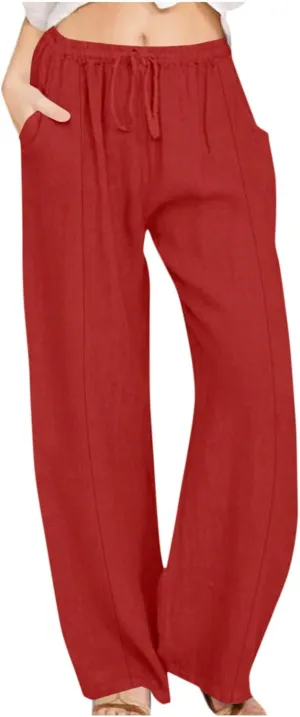 Linen Pants Women Summer Drawstring Waist Wide Leg Loose Cotton Linen Palazzo Pants Vacation Beach Pants with Pockets