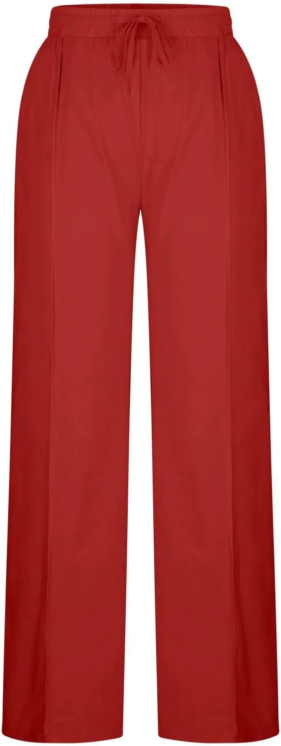 Linen Pants Women Summer Drawstring Waist Wide Leg Loose Cotton Linen Palazzo Pants Vacation Beach Pants with Pockets