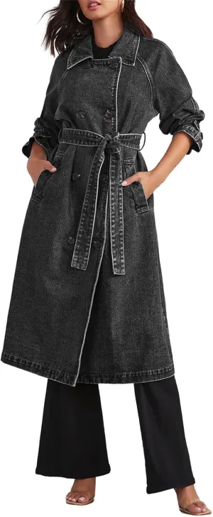 Long Denim Jacket Women Oversized Jean Jacket Trench Coat Casual Double Breasted Denim Coat Trenchcoat with Pockets