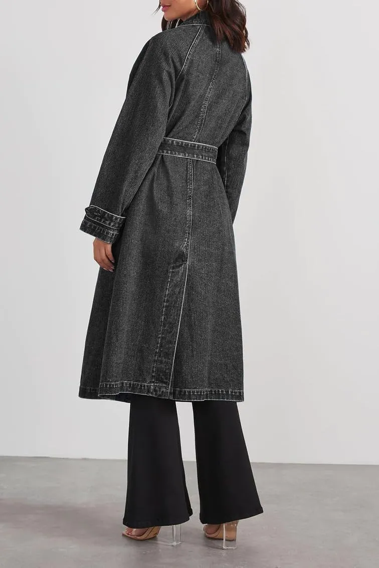 Long Denim Jacket Women Oversized Jean Jacket Trench Coat Casual Double Breasted Denim Coat Trenchcoat with Pockets