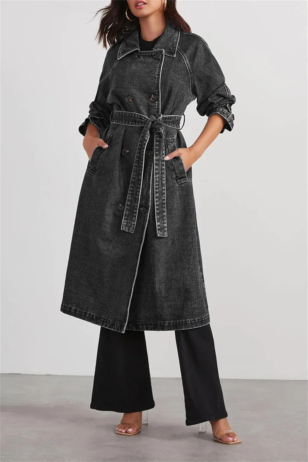 Long Denim Jacket Women Oversized Jean Jacket Trench Coat Casual Double Breasted Denim Coat Trenchcoat with Pockets