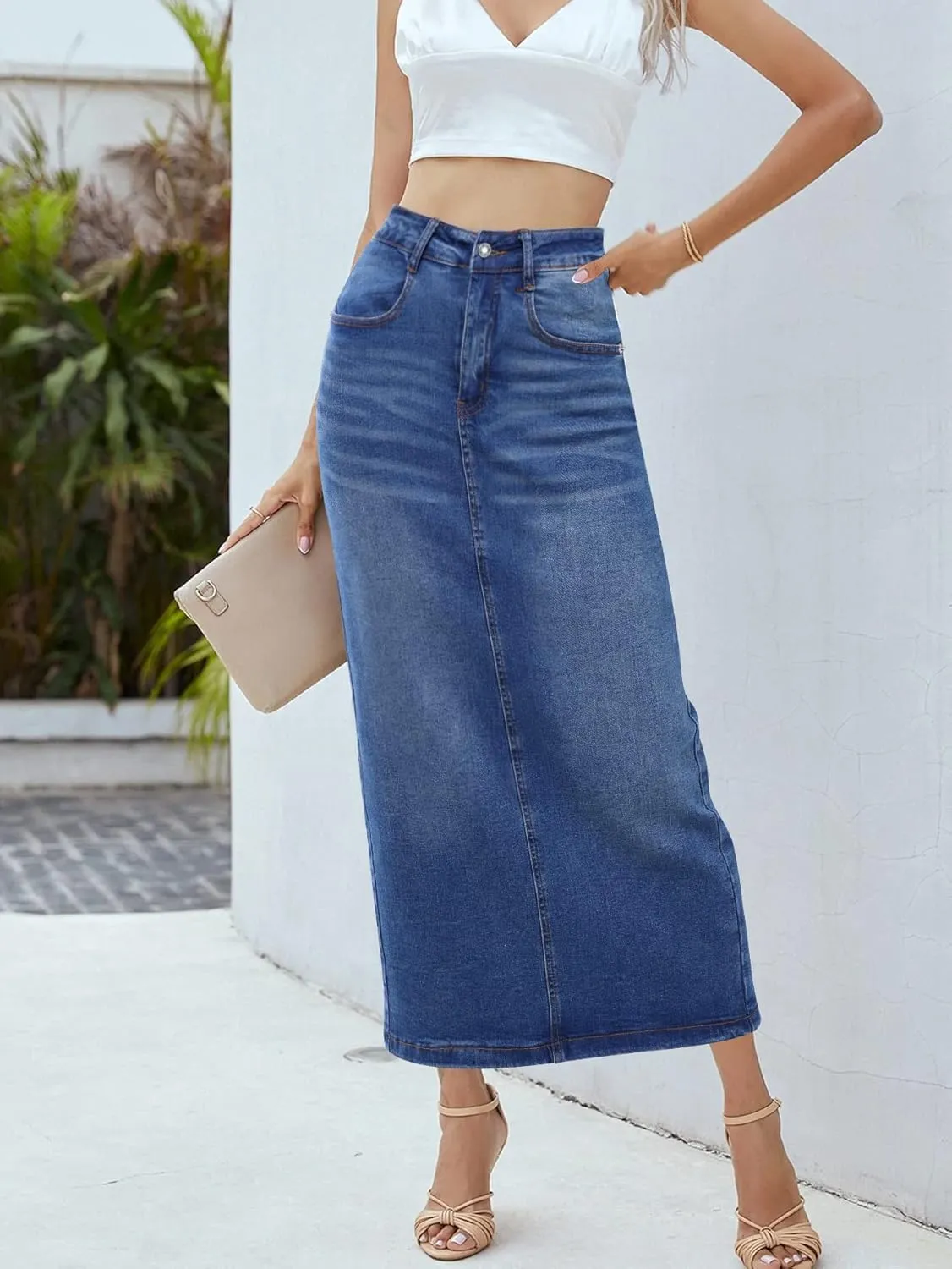 Long Denim Skirt for Women Casual A-Line Denim Maxi Skirt Stretch High Waisted Jean Skirt with Pocket Blue