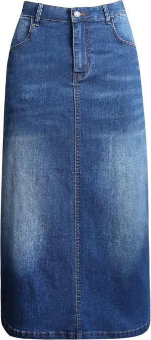 Long Denim Skirt for Women Casual A-Line Denim Maxi Skirt Stretch High Waisted Jean Skirt with Pocket Blue
