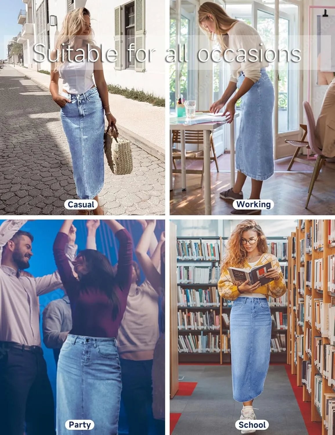 Long Denim Skirt for Women Casual A-Line Denim Maxi Skirt Stretch High Waisted Jean Skirt with Pocket Blue