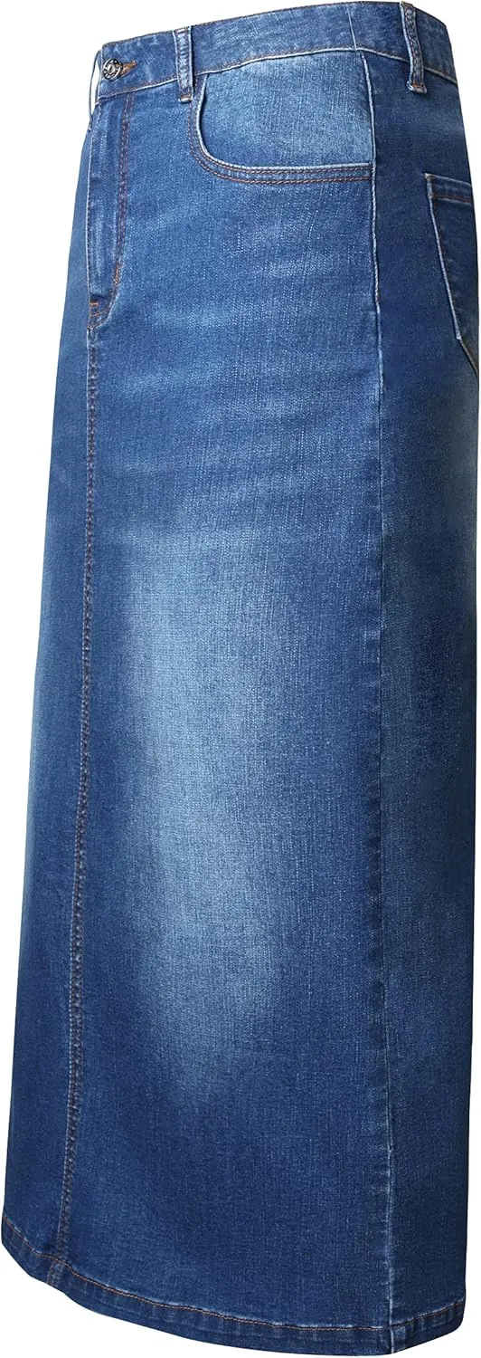Long Denim Skirt for Women Casual A-Line Denim Maxi Skirt Stretch High Waisted Jean Skirt with Pocket Blue