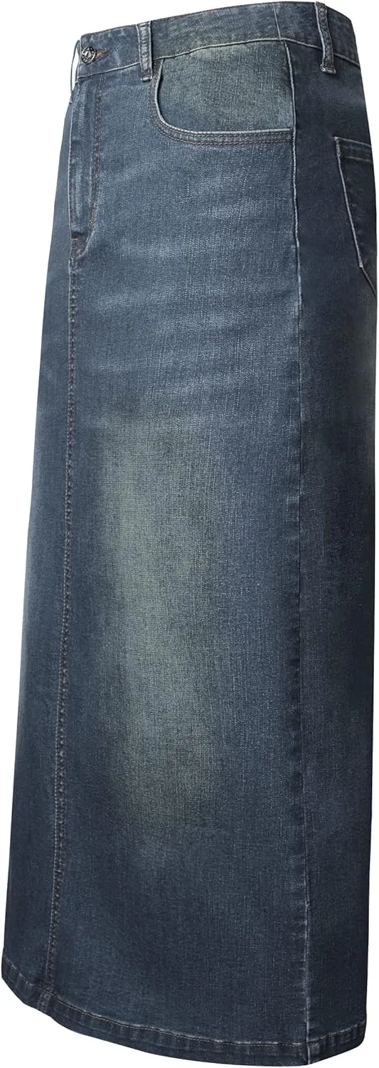 Long Denim Skirt for Women Casual A-Line Denim Maxi Skirt Stretch High Waisted Jean Skirt with Pocket Blue