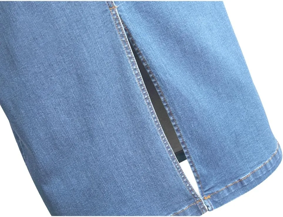 Long Denim Skirt for Women Casual A-Line Denim Maxi Skirt Stretch High Waisted Jean Skirt with Pocket Blue