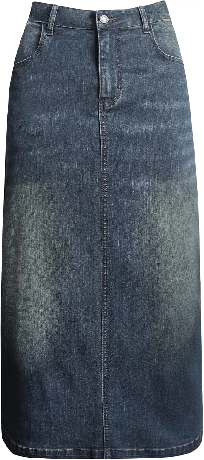 Long Denim Skirt for Women Casual A-Line Denim Maxi Skirt Stretch High Waisted Jean Skirt with Pocket Blue