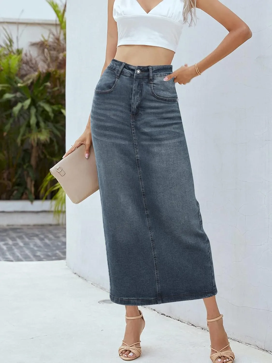 Long Denim Skirt for Women Casual A-Line Denim Maxi Skirt Stretch High Waisted Jean Skirt with Pocket Blue