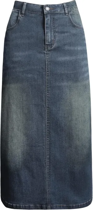 Long Denim Skirt for Women Casual A-Line Denim Maxi Skirt Stretch High Waisted Jean Skirt with Pocket Blue