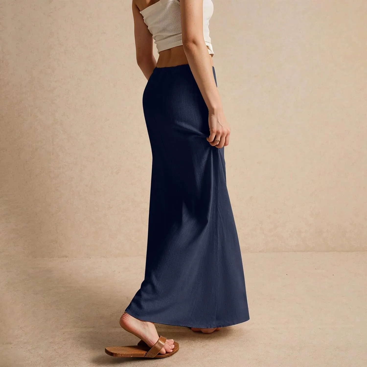 Long Flowy Skirts for Women Skirts Plus Size Womens Linen Maxi Skirt with Slit Summer Comfy Drawstring Low Rise