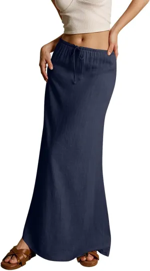 Long Flowy Skirts for Women Skirts Plus Size Womens Linen Maxi Skirt with Slit Summer Comfy Drawstring Low Rise