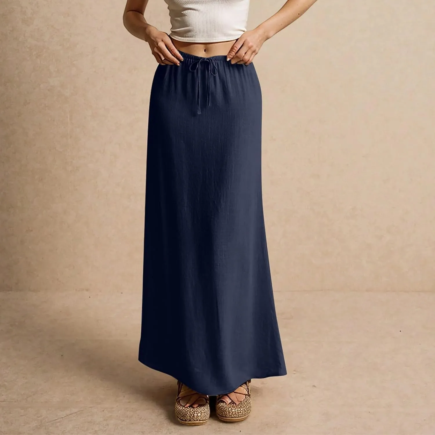 Long Flowy Skirts for Women Skirts Plus Size Womens Linen Maxi Skirt with Slit Summer Comfy Drawstring Low Rise