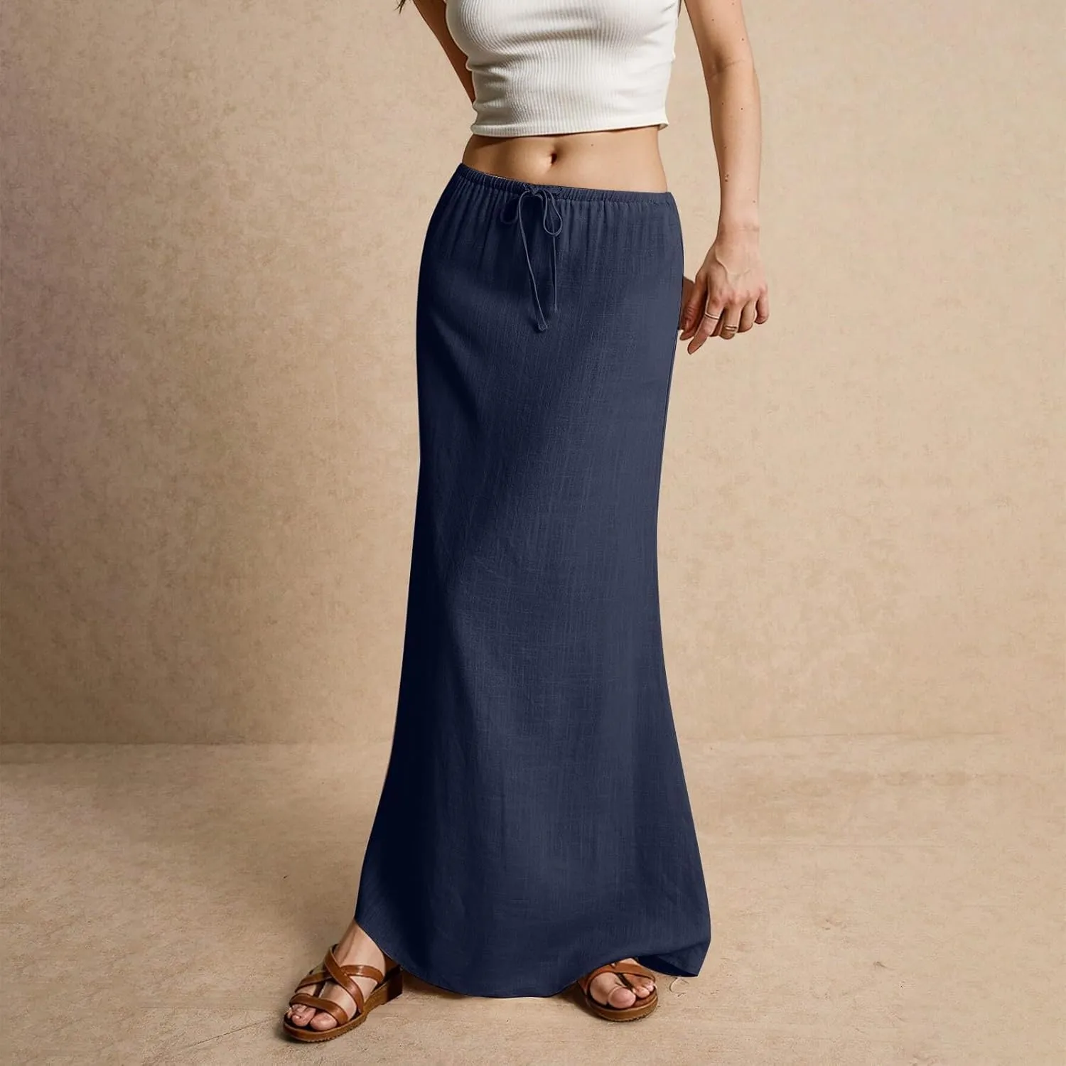 Long Flowy Skirts for Women Skirts Plus Size Womens Linen Maxi Skirt with Slit Summer Comfy Drawstring Low Rise