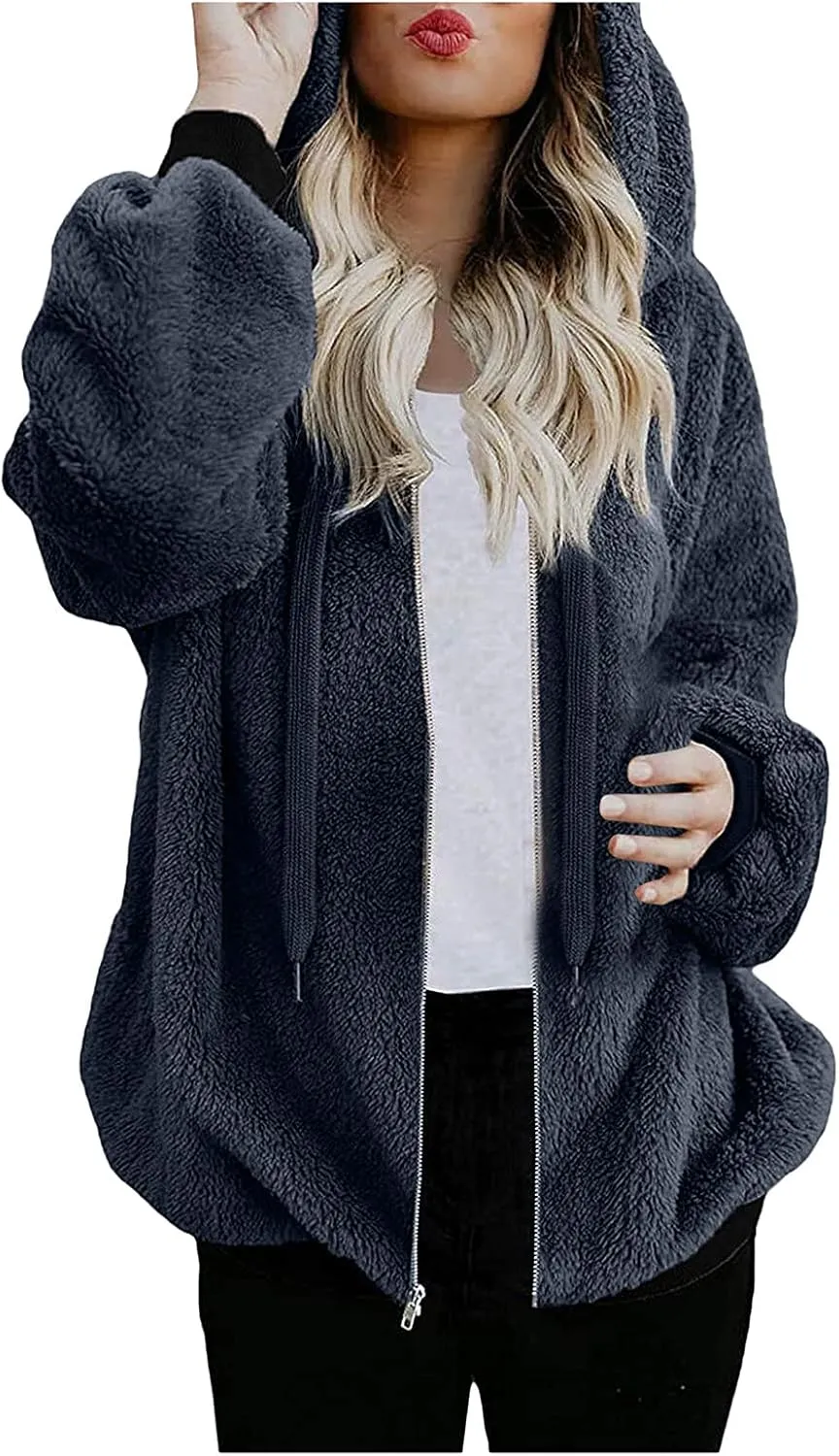 Long Fuzzy Coat Long Sleeve Fleece Parkas Thick Warm Fluffy Jackets for Women Comfy Hooded Women Sherpa Lined Hoodie
