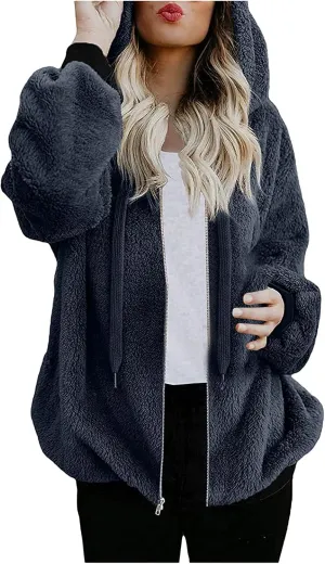 Long Fuzzy Coat Long Sleeve Fleece Parkas Thick Warm Fluffy Jackets for Women Comfy Hooded Women Sherpa Lined Hoodie