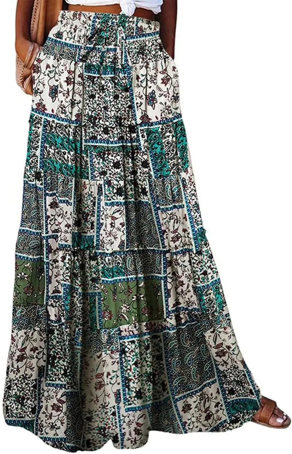 Long Skirt,Flowy Skirts for Women 2025 Elastic High Waisted Linen Trendy Womens Boho Maxi Skirt with Pockets