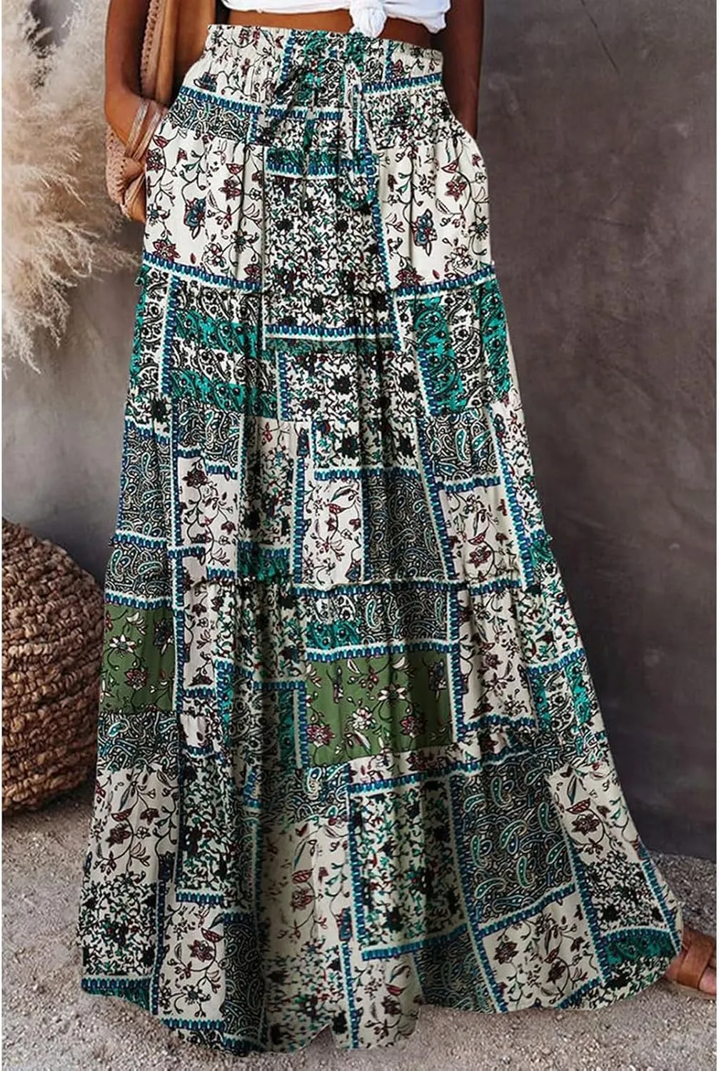 Long Skirt,Flowy Skirts for Women 2025 Elastic High Waisted Linen Trendy Womens Boho Maxi Skirt with Pockets