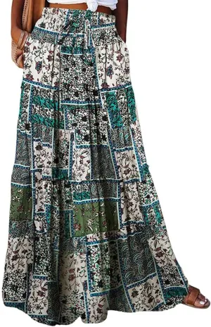 Long Skirt,Flowy Skirts for Women 2025 Elastic High Waisted Linen Trendy Womens Boho Maxi Skirt with Pockets