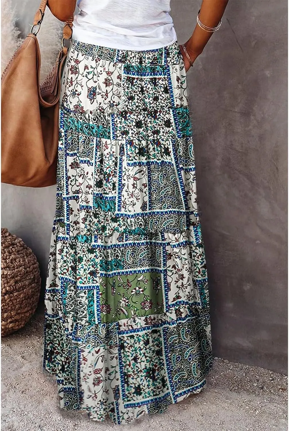 Long Skirt,Flowy Skirts for Women 2025 Elastic High Waisted Linen Trendy Womens Boho Maxi Skirt with Pockets