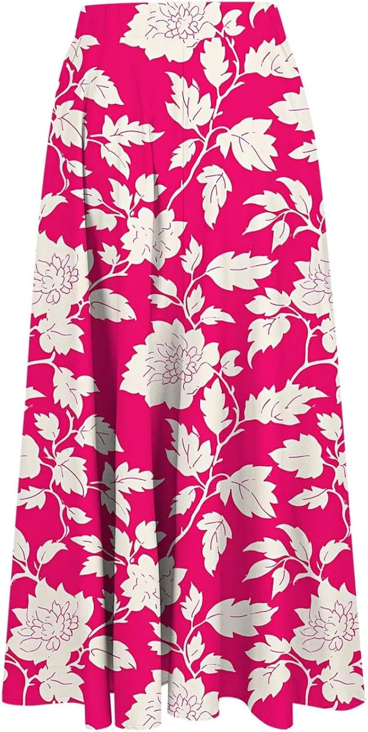 Long Skirts for Women High Elastic Waist Boho Flowy Midi Skirt Casual Summer Floral Pleated A Line Boho Cute Skirts