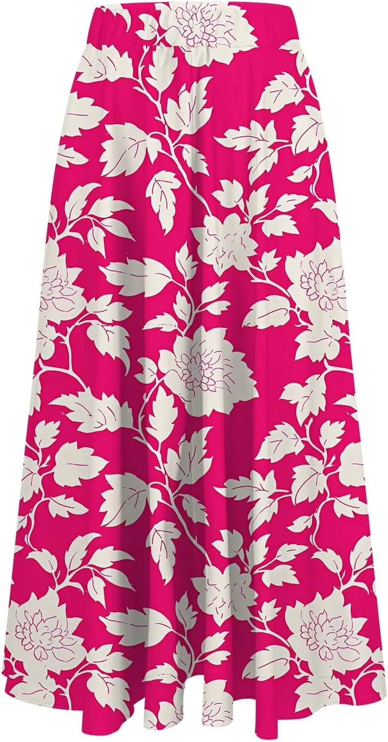 Long Skirts for Women High Elastic Waist Boho Flowy Midi Skirt Casual Summer Floral Pleated A Line Boho Cute Skirts