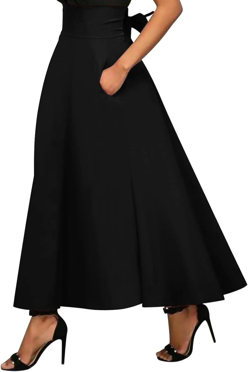 Long Skirts for Women Summer with Pockets Bandage High Waist Skirt Solid Causal Maxi Skirt Ruffle Flowy Work Skirts