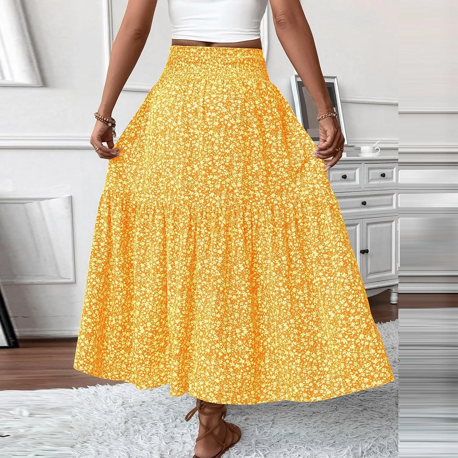 Long Skirts for Women,Flowy Long Skirts 2025 High Waisted Trendy Womens Boho Maxi Skirt with Pockets Pleated