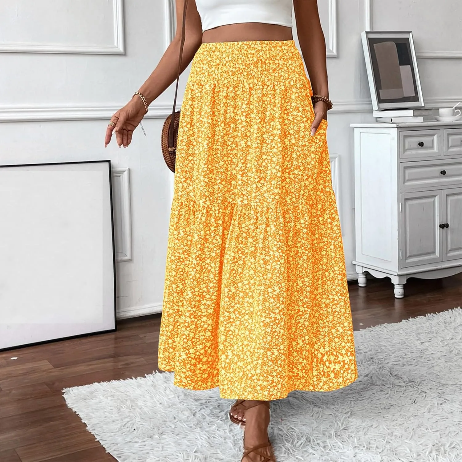 Long Skirts for Women,Flowy Long Skirts 2025 High Waisted Trendy Womens Boho Maxi Skirt with Pockets Pleated