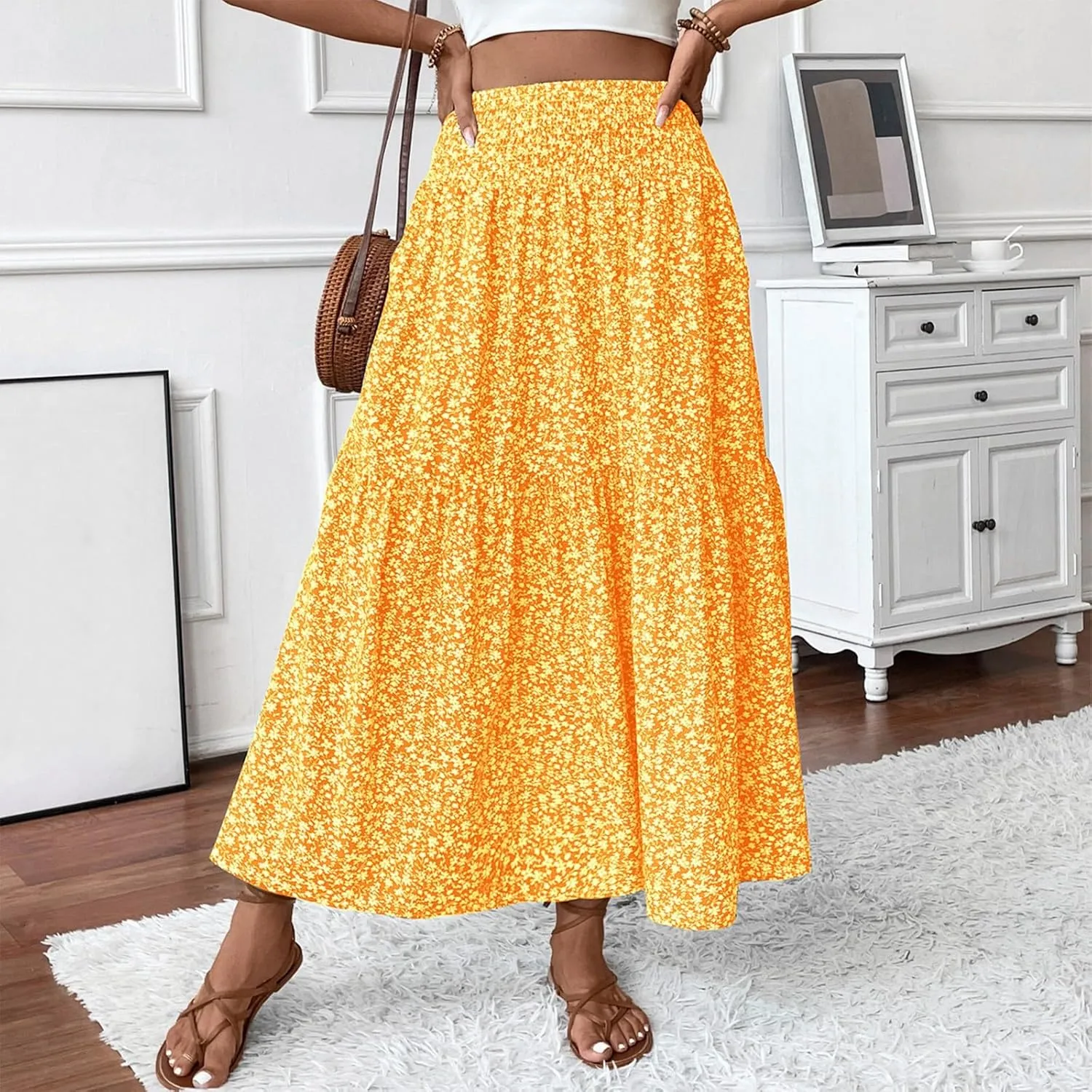 Long Skirts for Women,Flowy Long Skirts 2025 High Waisted Trendy Womens Boho Maxi Skirt with Pockets Pleated