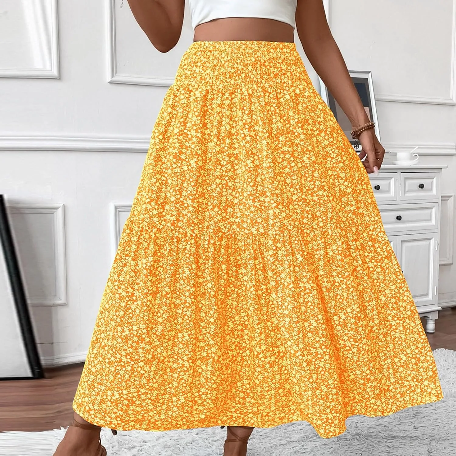 Long Skirts for Women,Flowy Long Skirts 2025 High Waisted Trendy Womens Boho Maxi Skirt with Pockets Pleated