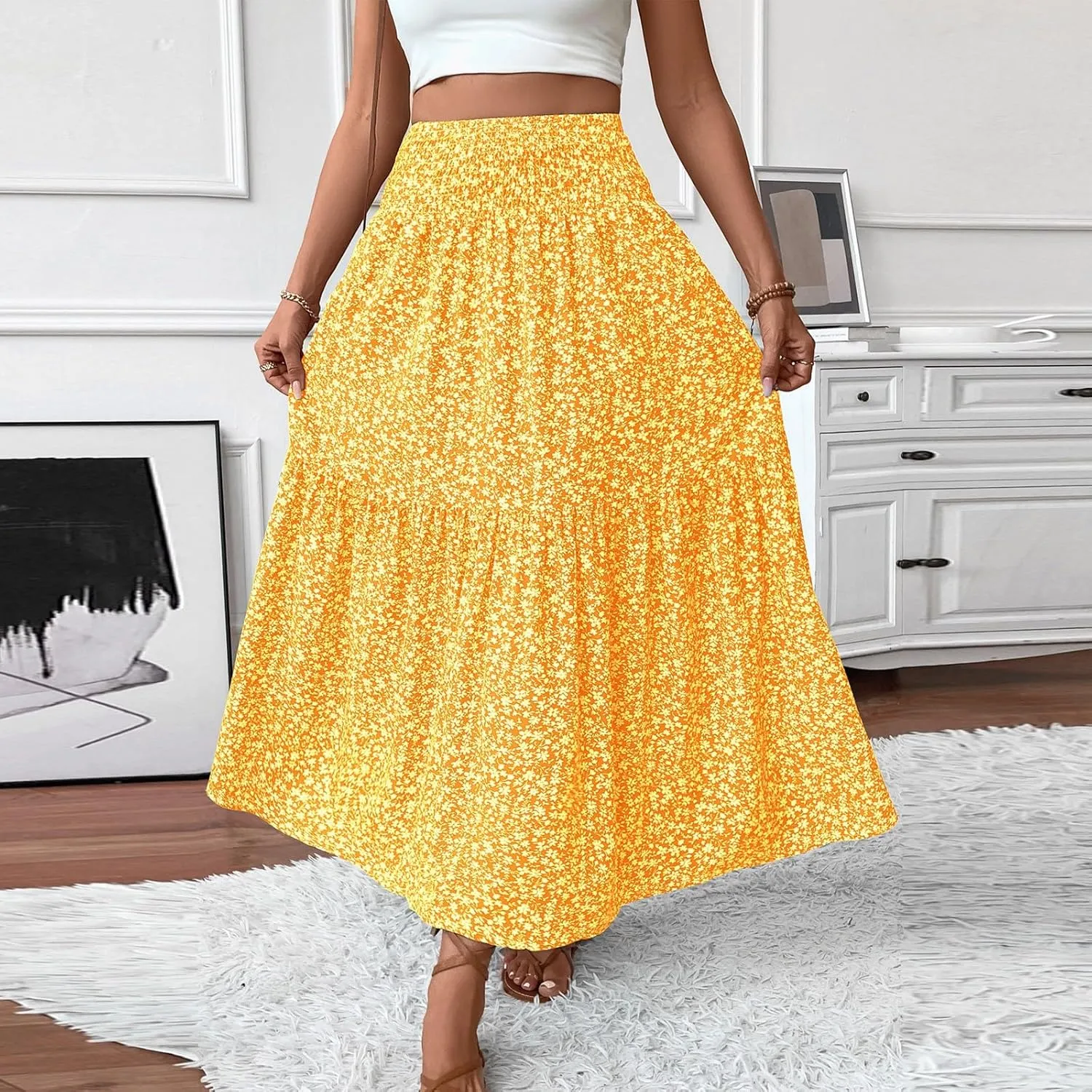 Long Skirts for Women,Flowy Long Skirts 2025 High Waisted Trendy Womens Boho Maxi Skirt with Pockets Pleated