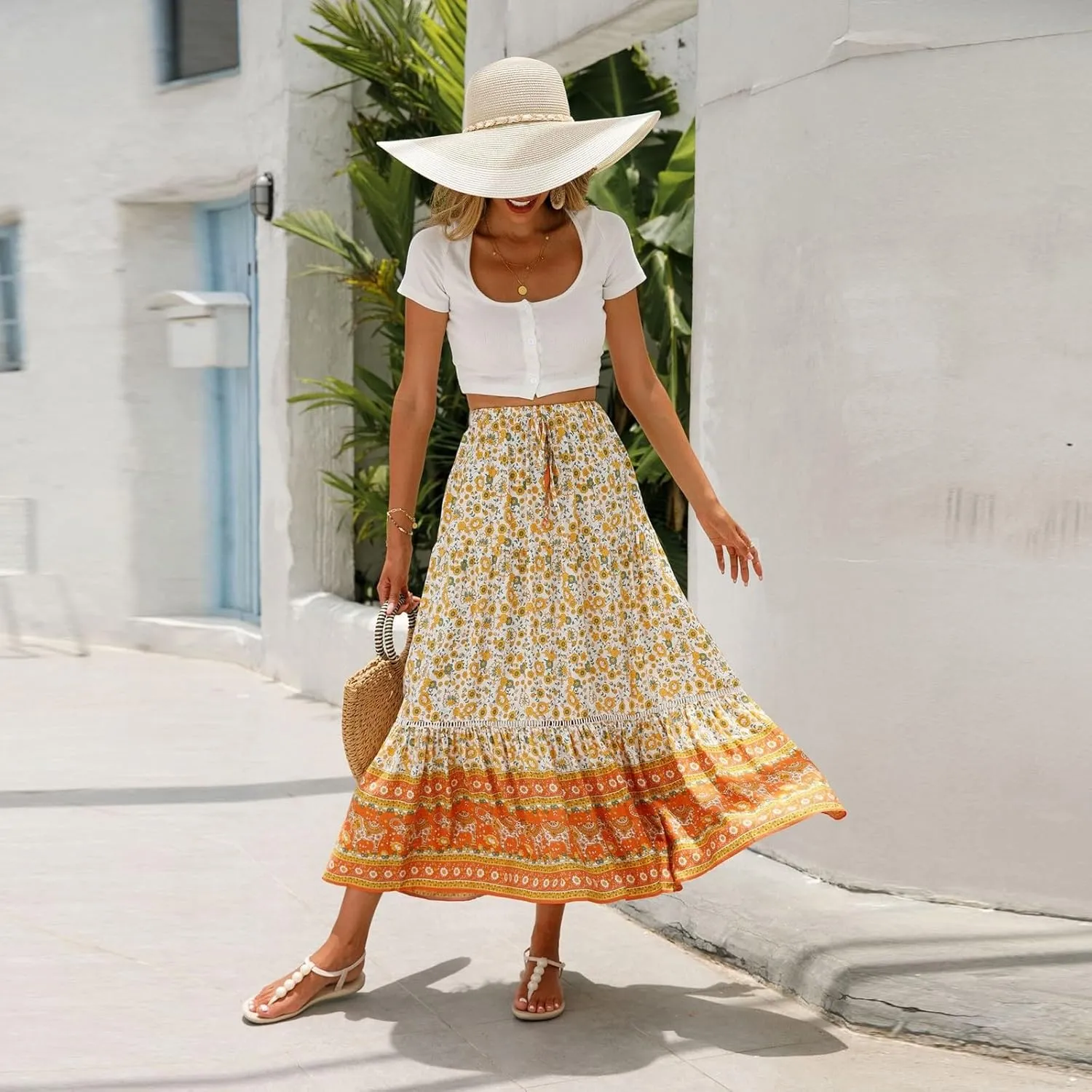 Long Skirts for Women,Wrap Drawstring Tiered Flowy Maxi Skirts 2025 Trendy Side Pockets Boho Skirt Spring Summer