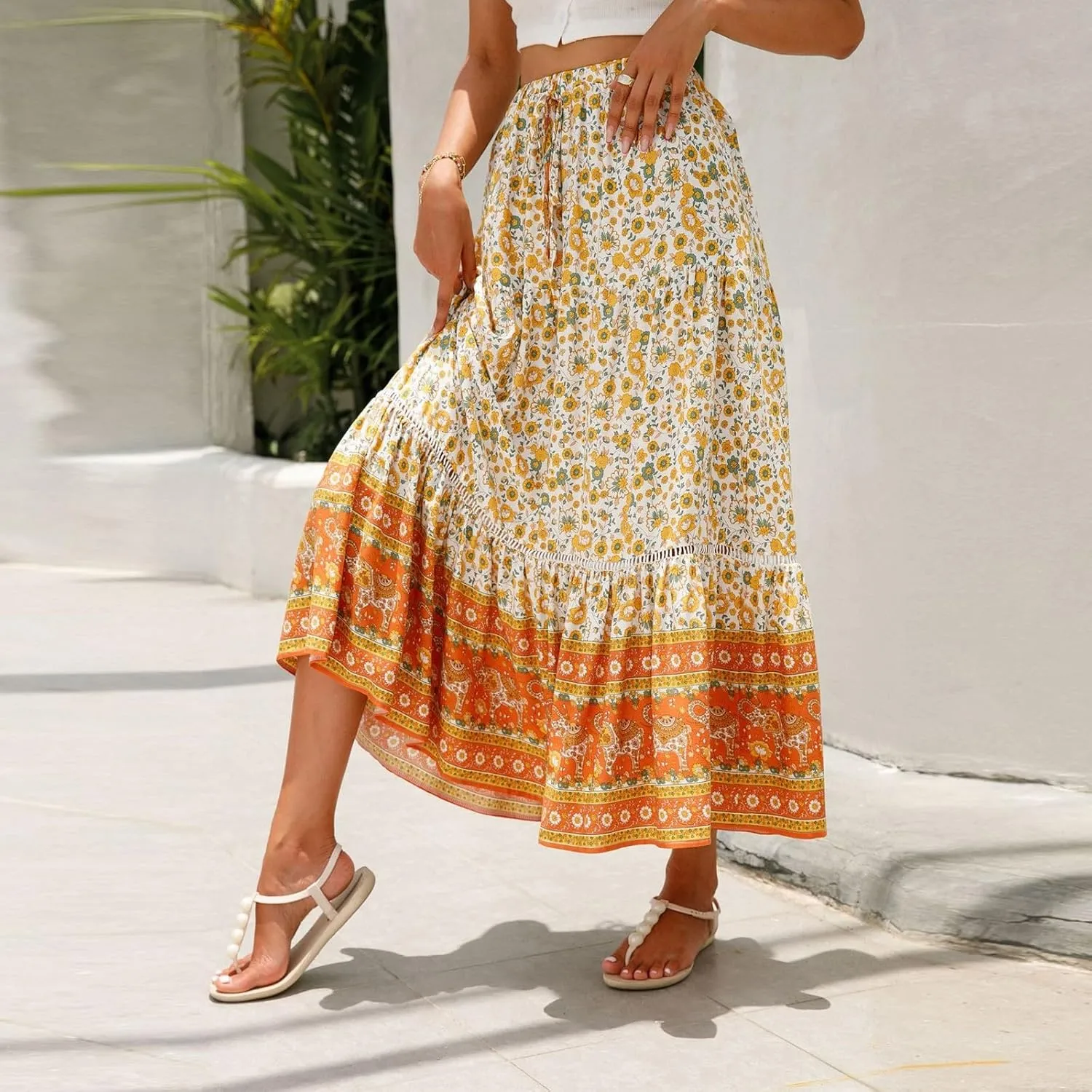 Long Skirts for Women,Wrap Drawstring Tiered Flowy Maxi Skirts 2025 Trendy Side Pockets Boho Skirt Spring Summer
