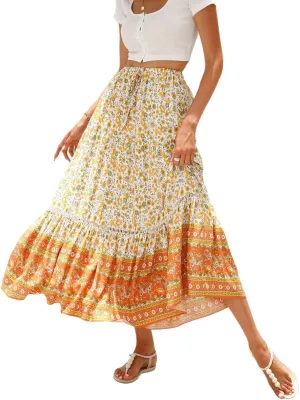 Long Skirts for Women,Wrap Drawstring Tiered Flowy Maxi Skirts 2025 Trendy Side Pockets Boho Skirt Spring Summer