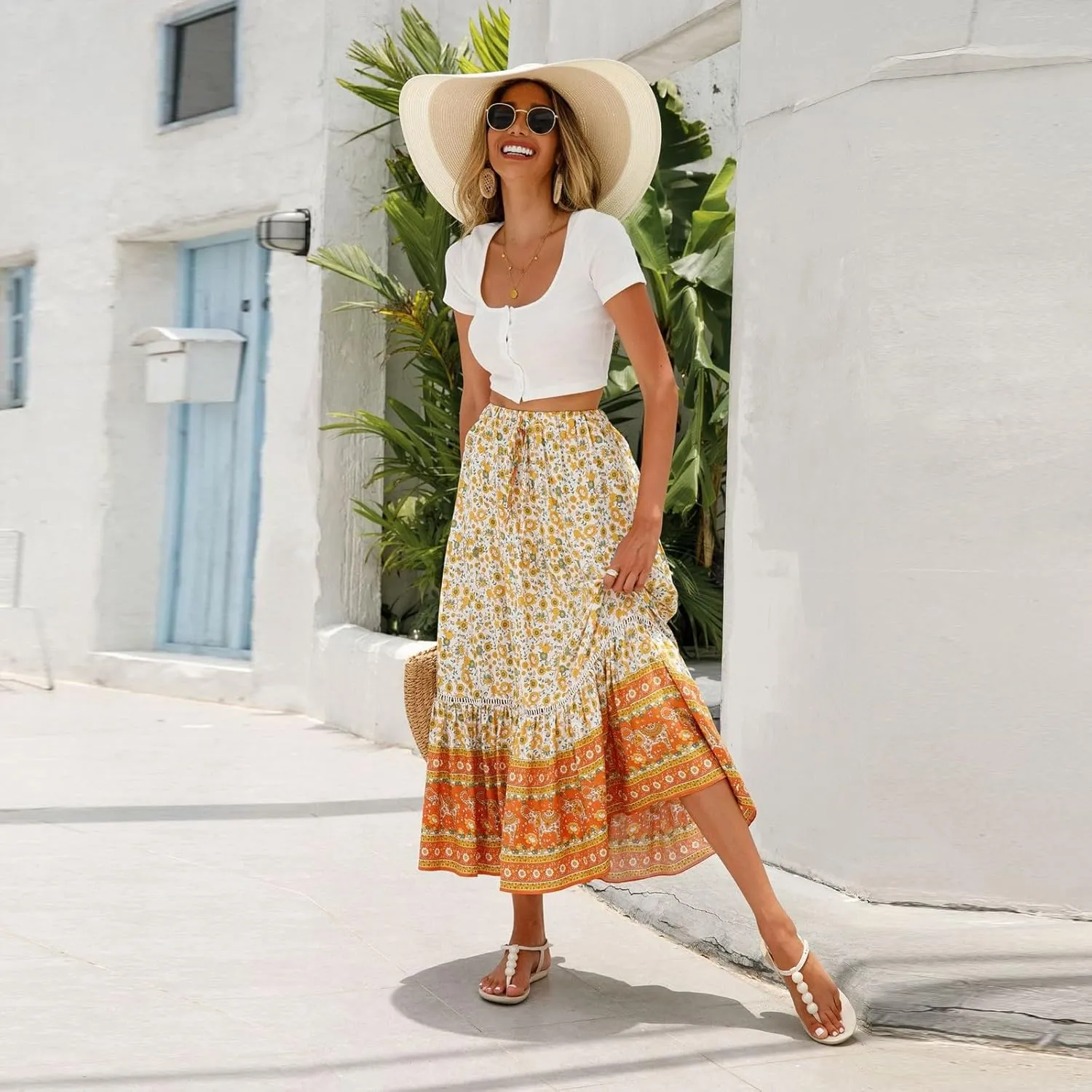 Long Skirts for Women,Wrap Drawstring Tiered Flowy Maxi Skirts 2025 Trendy Side Pockets Boho Skirt Spring Summer